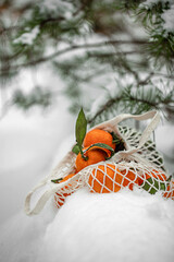 tangerines in a net on the snow in the forest