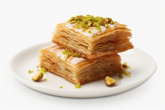  three pieces of pastry stacked on top of each other on a white plate with pistachios on top of the top of each of the two pieces of the pastry.