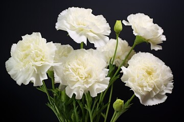  a bunch of white carnations are in a vase on a black background with the stems still attached to the stems and the flowers still attached to the stems.