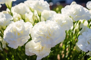  a close up of a bunch of white carnations with green stems in the foreground and a blue carnation in the back ground in the foreground.
