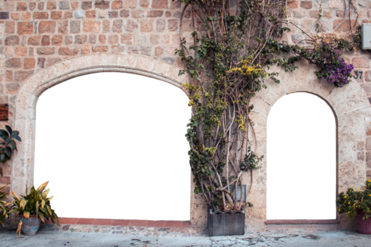 Street doorway in a stone wall on white background. Gray brick wall medieval house png photo.