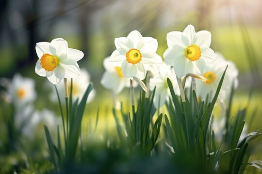  a group of white daffodils in a field of green grass with the sun shining through the daffodils and the grass in the foreground.