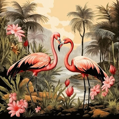 Fototapeta premium Vintage wallpaper with pink flamingos among tropical plants, landscape on a light brown background