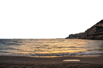 Panoramic landscape of rocky shore on white background. Mediterranean sea png photo.