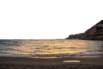 Panoramic landscape of rocky shore on white background. Mediterranean sea png photo.