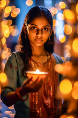 Serenity of Diwali girl lights glowing oil lamps, intricate floral mandala and enchanting bokeh create a serene backdrop for the vibrant celebration of the Diwali festival.