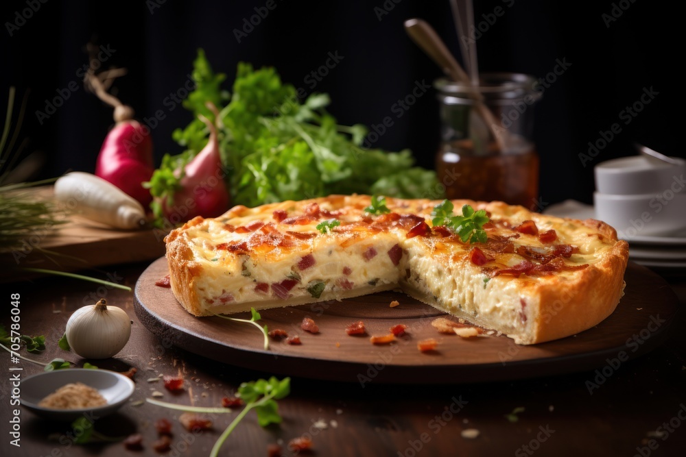 Aufkleber a close up of a pizza on a plate with a slice taken out of it on a table with other food and utensil