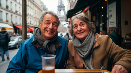 Obraz premium Senior couple enjoying time at Parisian cafe with Eiffel Tower view. Shallow field of view. 