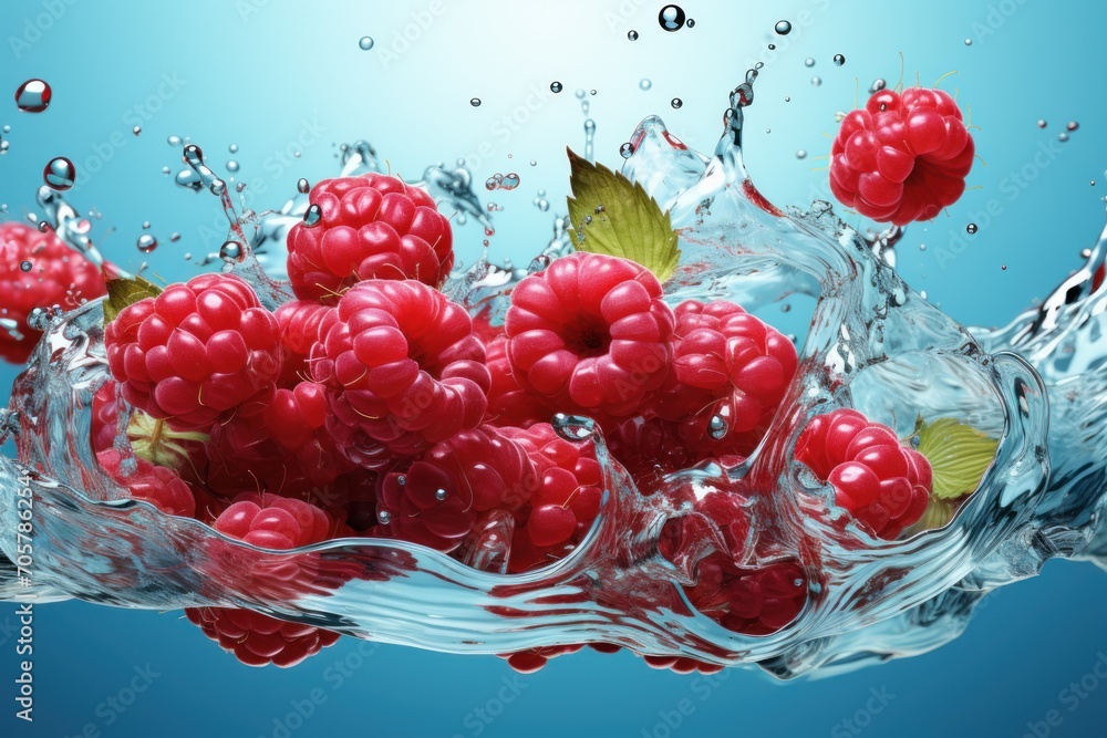 Poster a bunch of raspberries floating in water with a splash of water on the side of the image and a green