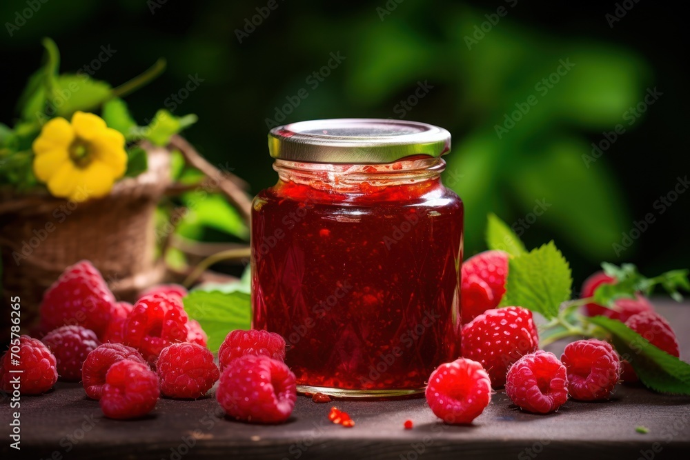 Aufkleber  a jar of raspberry jam surrounded by raspberries on a table with a basket of raspberries and a basket of yellow flowers in the background.
