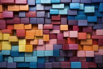  a multicolored wall made up of blocks of different sizes and colors, with a black background that appears to be multicolored with red, blue, yellow, red, orange, purple, and pink, and blue.