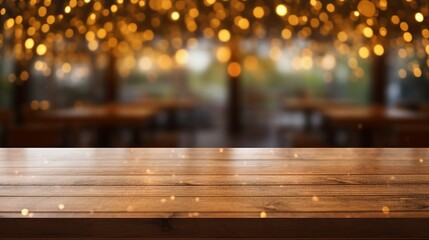 Cozy Wooden Table with Bokeh Lights, Perfect for Vintage Home Decor and Festive Celebrations