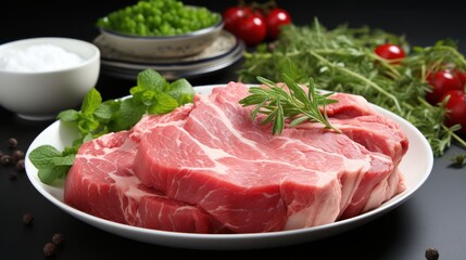  a close up of a plate of meat on a table with herbs and other foods on the side of the plate and a bowl of salt and pepper on the side.