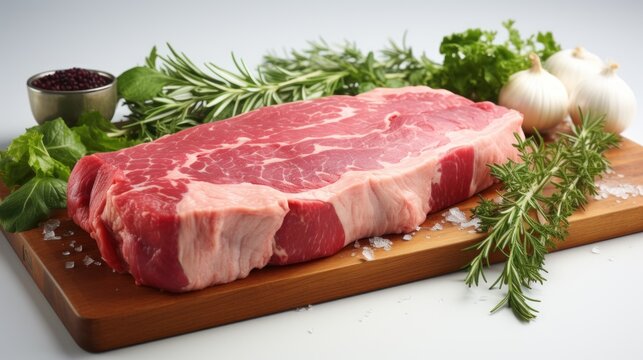  a piece of raw meat sitting on top of a wooden cutting board next to garlic, pepper, and a sprig of parsley on a white background.