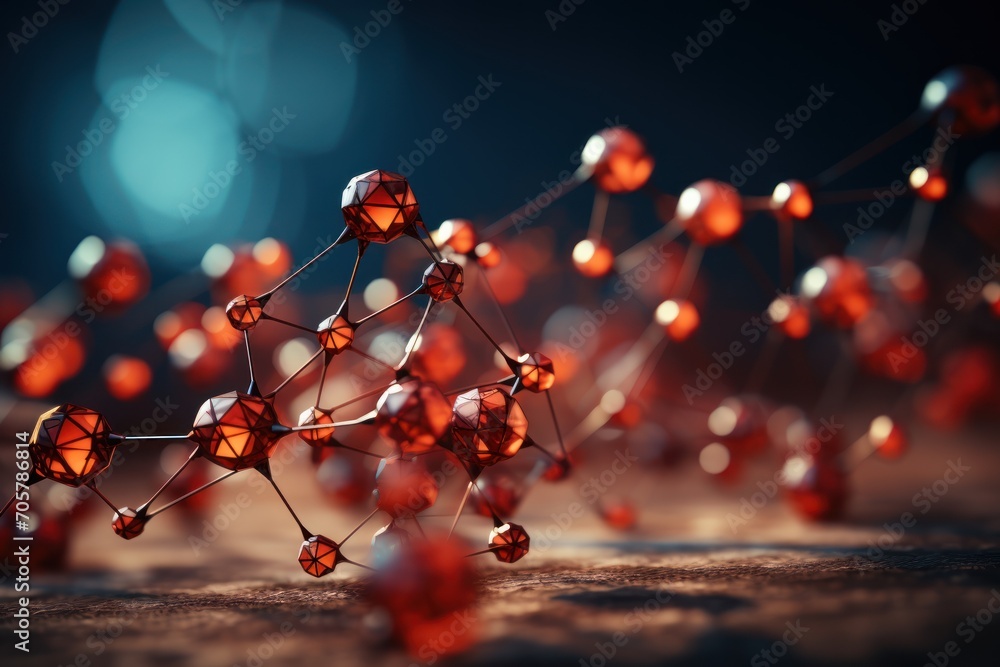 Poster a close up of a bunch of red balls on a table with a blurry light in the background and a blue light