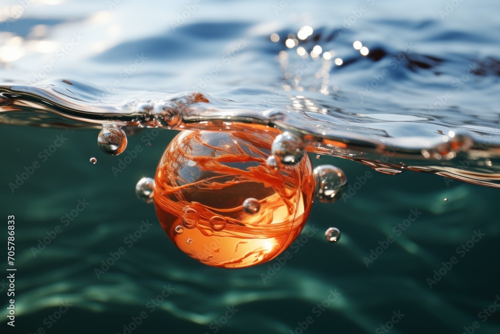 Poster  an orange object floating on top of a body of water with bubbles on the bottom of the water and on top of the bottom of the water is a wave.
