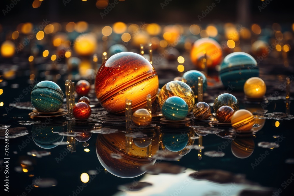 Aufkleber a group of multicolored balls floating on top of a body of water in front of a sky filled with light