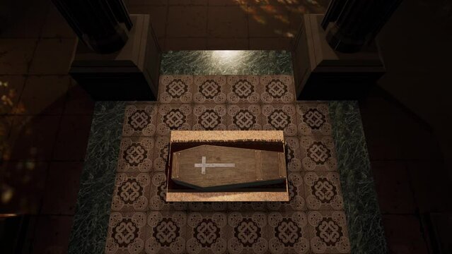 A camera moves from above a timber coffin laid out on a church altar, ascending toward the stained glass windows above.