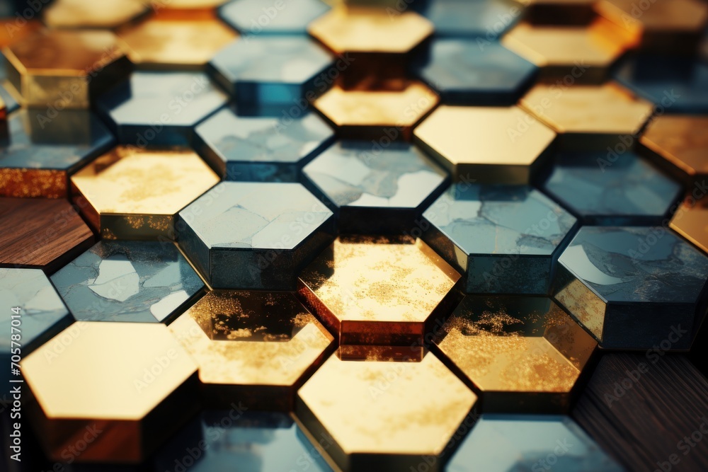 Poster a close up of a pattern of hexagons on a wooden table with a blurry background of other hexagons on 
