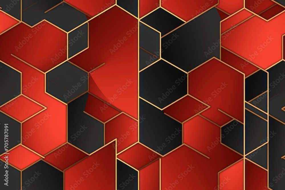 Poster a red and black wallpaper with a pattern of hexagonal cubes in the center of the wall and a gold lin