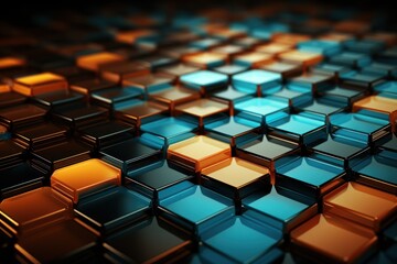  a close up of a blue, orange, and black wallpaper with squares and rectangles in the center of the image, with a black background that appears to be blurry.