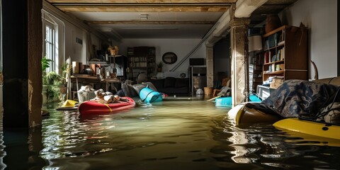 Water damage in the basement following a flood, with objects floating around , concept of Fluid accumulation - obrazy, fototapety, plakaty