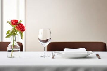  a white table topped with a glass of water and a vase filled with flowers next to a plate with a knife and fork on top of a white table cloth.