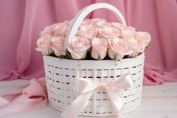 White basket with pink roses, heart-shaped gift box with satin bow on pink table. Front view - birthday, wedding, mother's day, valentine's day, women's day. Generative AI