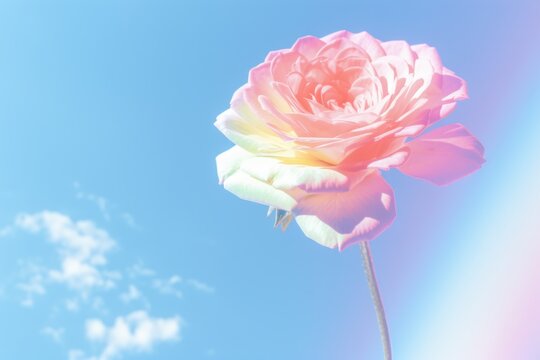  a single pink rose in the middle of a blue sky with a rainbow in the middle of the picture and a white cloud in the middle of the sky in the middle of the picture.