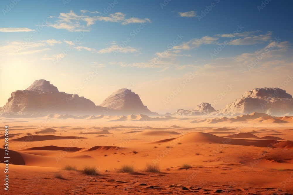 Poster a desert landscape with sand dunes and rocks in the distance with a blue sky and clouds in the dista
