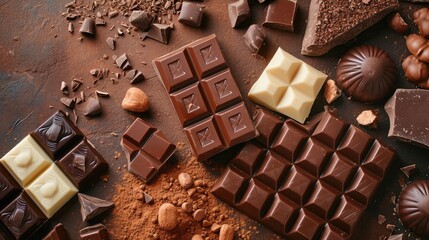 Composition of bars and pieces of different milk and dark chocolate, grated cocoa on a brown...