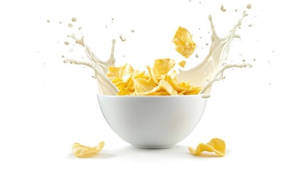 Corn flakes with milk splash in white bowl isolated on white background.