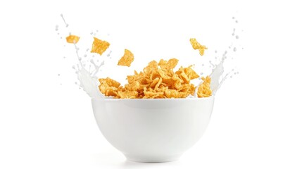 Corn flakes with milk splash in white bowl isolated on white background.  - obrazy, fototapety, plakaty