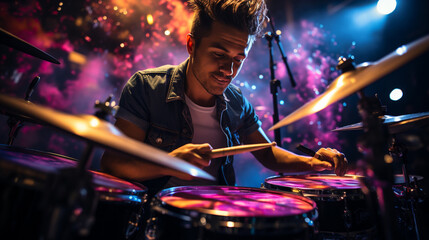 Fototapeta na wymiar A young drummer, playing in the middle of a concert, with colored lights and neon. Drums with its cymbals, bass drum and snare drum on display.