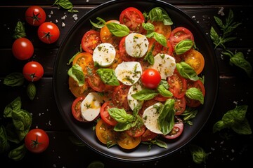  a plate of tomatoes, mozzarella, basil, and mozzarella cheese on top of a black plate on a wooden table with basil leaves around it.