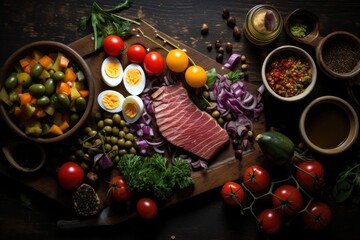 Obraz na płótnie Canvas a wooden cutting board topped with lots of different types of food next to bowls of eggs, tomatoes, olives, peppers, and other foods on top of which are sitting on a table.