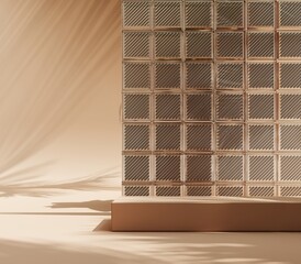 Podium, stand, showcase,backdrop of glass blocks - modern trend in the interior. Glass blocks are an invention of the 1970s - 3d render. Natural advertising banner with sun shadows in minimal style.