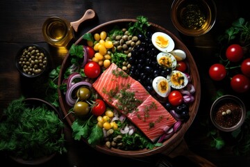  a wooden bowl filled with lots of different types of food next to bowls of olives, tomatoes, eggs, beans, and lettuce on a wooden table.