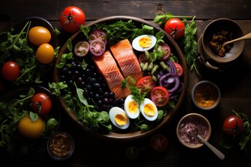 Obraz na płótnie Canvas a bowl of salmon, eggs, tomatoes, olives, lettuce, cherry tomatoes, blueberries, and other foodstuffs on a wooden table.