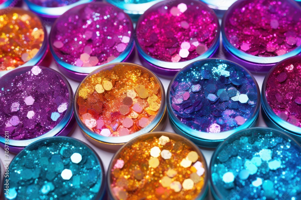 Poster a close up of a bunch of different colors of sequins on a white surface with lots of different color