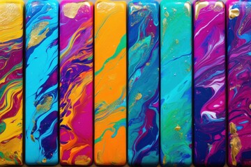  a row of multicolored cell phones sitting next to each other on a wooden table in front of a row of multicolored wallpapered cell phones.