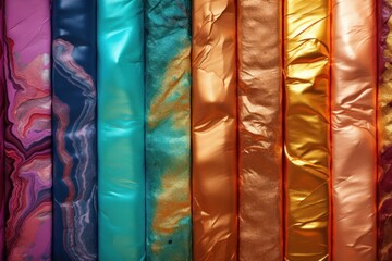  a close up of a bunch of different colors of material on a sheet of material that looks like a sheet of foil or something that has been folded over it.