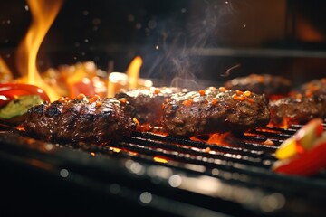  a close up of a grill with meat and vegetables cooking on it's side and flames coming out of the top of the grill and on the side of the grill.