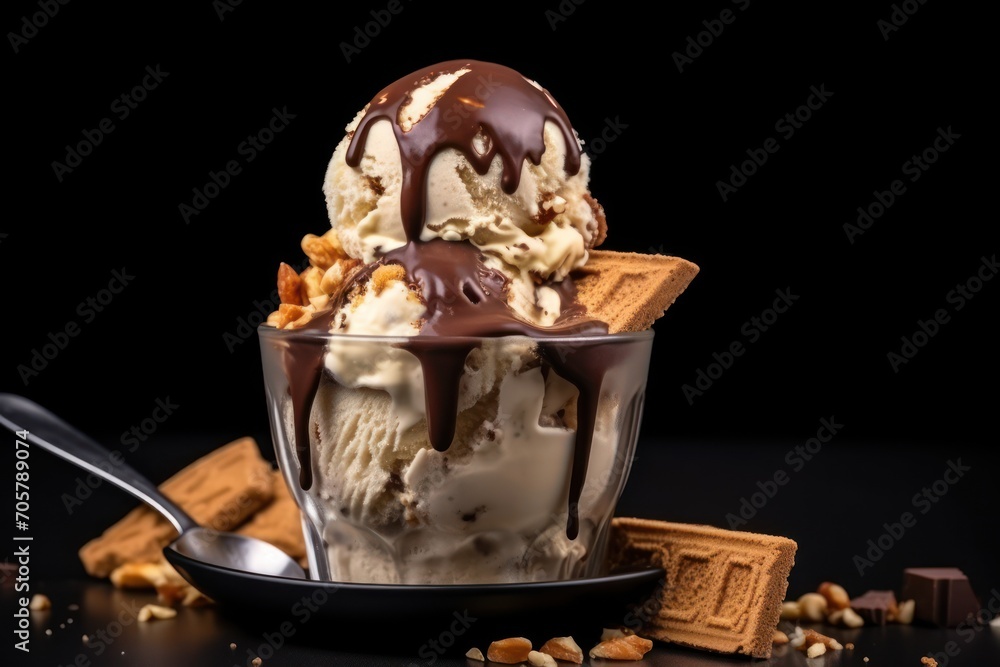 Poster a scoop of ice cream with chocolate drizzled on top of it and a spoon in front of it on a black surf