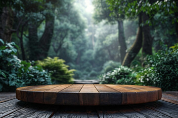 a background wallpaper of a wooden walnut texture podium rounded plate desk table bench in the forest. dark green trees in the background. a stand for a product ad. empty copyspace.