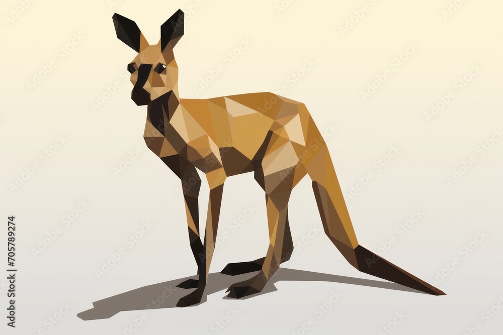 Poster a picture of a kangaroo made out of low polygonics and with the shadow of the kangaroo in the foregr