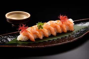  a piece of sushi sitting on top of a black plate next to a small bowl of sauce on the side of the plate and a small bowl on the other side of the plate.