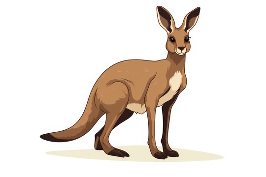  a brown kangaroo standing on top of a white floor next to a green leafy tree trunk in front of it's head and a white background with a white background.