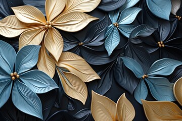  a close up of a bunch of flowers on a black background with gold, blue, and green leaves in the center of the petals and the petals of the petals.