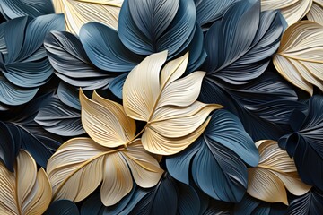 a close up of a bunch of blue and gold leaves on a black background with white and gold leaves on the bottom of the image and bottom half of the image.